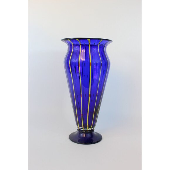 Hand Blown Cobalt Blue Art Glass Vase 12” Pulled Line Design Pedestal Foot Mexic